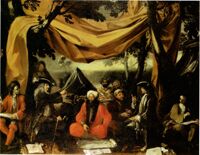 episodio della pace di Carlowitz - Il generale Marsili, il ministro ottomano e il plenipotenziario veneziano ritratti sotto una tenda improvvisata